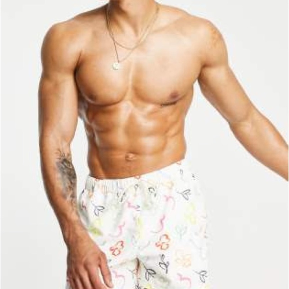 ASOS DESIGN swim shorts with hand drawn floral print short length men’s